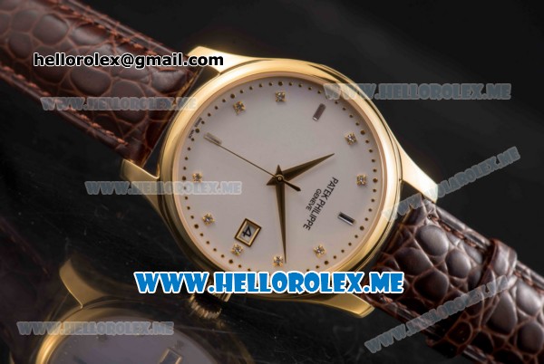 Patek Philippe Calatrava Miyota Quartz Yellow Gold Case with White Dial and Brown Leather Strap Diamonds Markers - Click Image to Close
